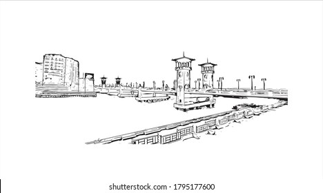 Building view with landmark of Alexandria is a Mediterranean port city in Egypt. Hand drawn sketch illustration in vector.