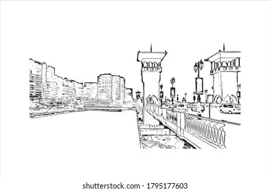 Building view with landmark of Alexandria is a Mediterranean port city in Egypt. Hand drawn sketch illustration in vector.
