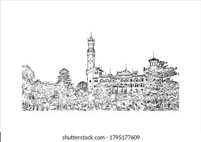 Building view with landmark of Alexandria is a Mediterranean port city in Egypt. Hand drawn sketch illustration in vector.