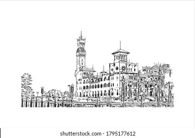 Building view with landmark of Alexandria is a Mediterranean port city in Egypt. Hand drawn sketch illustration in vector.