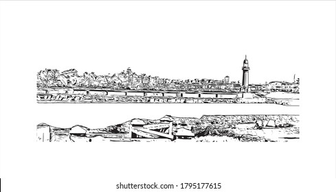 Building view with landmark of Alexandria is a Mediterranean port city in Egypt. Hand drawn sketch illustration in vector.