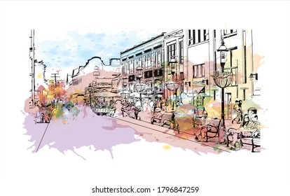 Building view with landmark of Alexandria, Virginia, is a city on the Potomac River, just south of Washington, DC. Watercolor splash with hand drawn sketch illustration in vector.