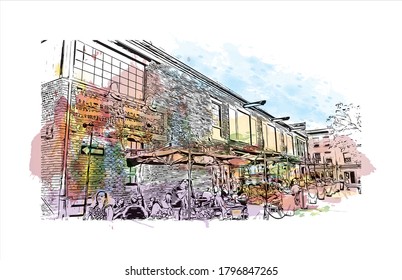 Building view with landmark of Alexandria, Virginia, is a city on the Potomac River, just south of Washington, DC. Watercolor splash with hand drawn sketch illustration in vector.