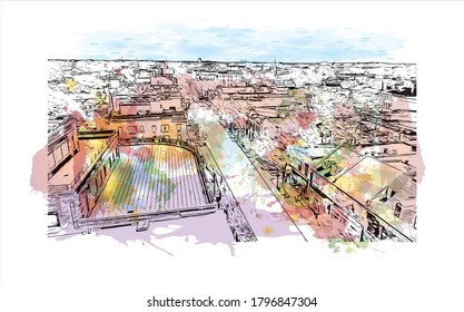 Building view with landmark of Alexandria, Virginia, is a city on the Potomac River, just south of Washington, DC. Watercolor splash with hand drawn sketch illustration in vector.