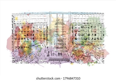 Building view with landmark of Alexandria, Virginia, is a city on the Potomac River, just south of Washington, DC. Watercolor splash with hand drawn sketch illustration in vector.