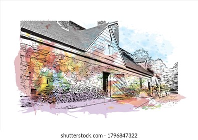 Building view with landmark of Alexandria, Virginia, is a city on the Potomac River, just south of Washington, DC. Watercolor splash with hand drawn sketch illustration in vector.