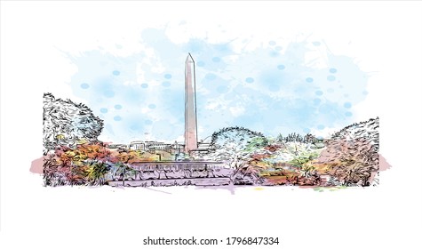 Building view with landmark of Alexandria, Virginia, is a city on the Potomac River, just south of Washington, DC. Watercolor splash with hand drawn sketch illustration in vector.