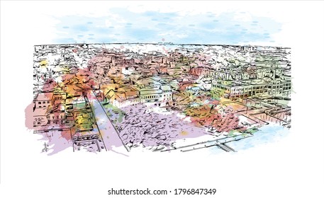 Building view with landmark of Alexandria, Virginia, is a city on the Potomac River, just south of Washington, DC. Watercolor splash with hand drawn sketch illustration in vector.