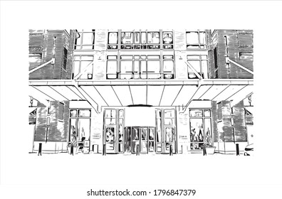 Building view with landmark of Alexandria, Virginia, is a city on the Potomac River, just south of Washington, DC. Hand drawn sketch illustration in vector.