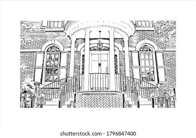 Building view with landmark of Alexandria, Virginia, is a city on the Potomac River, just south of Washington, DC. Hand drawn sketch illustration in vector.