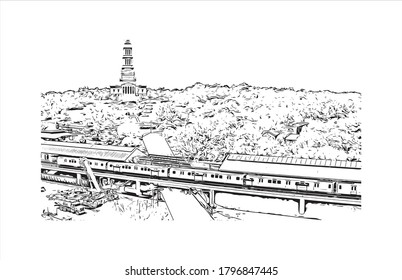 Building view with landmark of Alexandria, Virginia, is a city on the Potomac River, just south of Washington, DC. Hand drawn sketch illustration in vector.