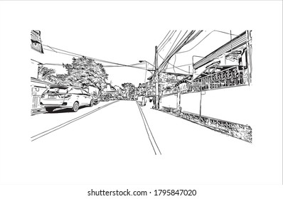 Building view with landmark of Algeciras. The Port of Algeciras is one of the largest ports in Europe.  Hand drawn sketch illustration in vector.
