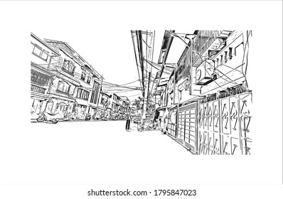 Building view with landmark of Algeciras. The Port of Algeciras is one of the largest ports in Europe.  Hand drawn sketch illustration in vector.