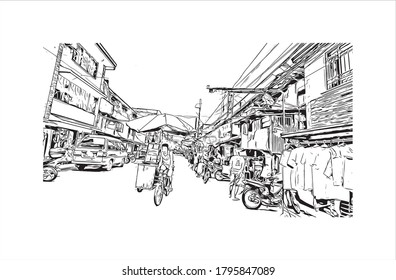 Building view with landmark of Algeciras. The Port of Algeciras is one of the largest ports in Europe.  Hand drawn sketch illustration in vector.