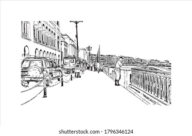 La ciudad capital de Argelia, situada en la costa mediterránea del país, ofrece vistas a un paisaje emblemático de Argel. Dibujo a mano de ilustración de esbozo en vector.