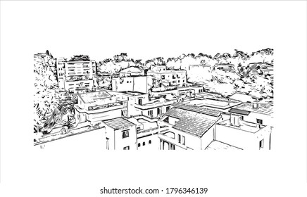 Building view with landmark of Algiers is the capital city of Algeria, on the country’s Mediterranean coast. Hand drawn sketch illustration in vector.