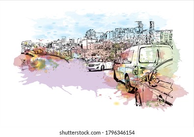 Die Stadt Algier ist die Hauptstadt Algeriens an der Mittelmeerküste des Landes. Aquarellspritzer mit handgezeichneter Skizzengrafik in Vektorgrafik.