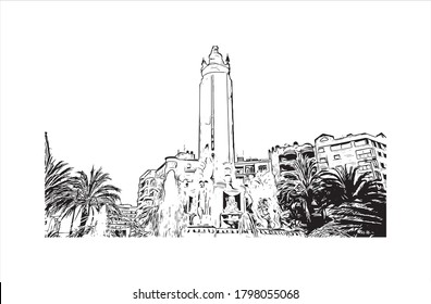 Building view with landmark of Alicante is a port city on Spain’s southeastern Costa Blanca, and the capital of the Alicante province. Hand drawn sketch illustration in vector.