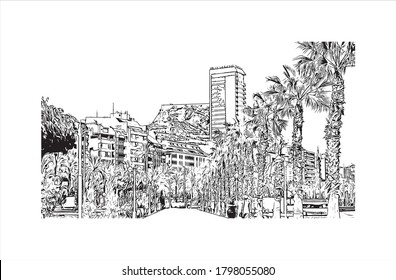 Building view with landmark of Alicante is a port city on Spain’s southeastern Costa Blanca, and the capital of the Alicante province. Hand drawn sketch illustration in vector.