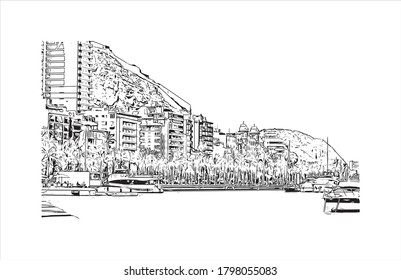 Building view with landmark of Alicante is a port city on Spain’s southeastern Costa Blanca, and the capital of the Alicante province. Hand drawn sketch illustration in vector.