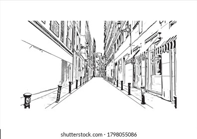 Building view with landmark of Alicante is a port city on Spain’s southeastern Costa Blanca, and the capital of the Alicante province. Hand drawn sketch illustration in vector.