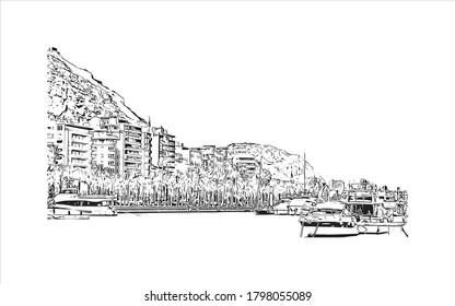 Building view with landmark of Alicante is a port city on Spain’s southeastern Costa Blanca, and the capital of the Alicante province. Hand drawn sketch illustration in vector.