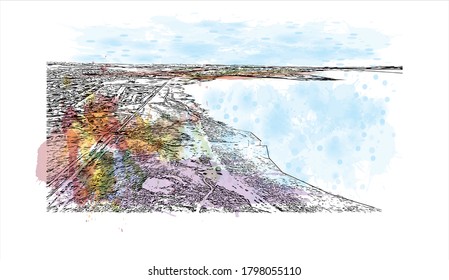 Building view with landmark of Alicante is a port city on Spain’s southeastern Costa Blanca, and the capital of the Alicante province. Watercolor splash with  hand drawn sketch illustration in vector.