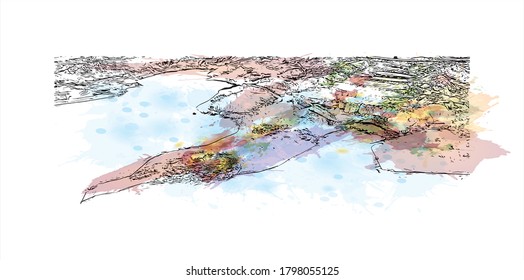 Building view with landmark of Alicante is a port city on Spain’s southeastern Costa Blanca, and the capital of the Alicante province. Watercolor splash with  hand drawn sketch illustration in vector.