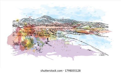 Building view with landmark of Alicante is a port city on Spain’s southeastern Costa Blanca, and the capital of the Alicante province. Watercolor splash with  hand drawn sketch illustration in vector.