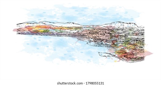 Building view with landmark of Alicante is a port city on Spain’s southeastern Costa Blanca, and the capital of the Alicante province. Watercolor splash with  hand drawn sketch illustration in vector.