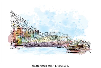 Building view with landmark of Alicante is a port city on Spain’s southeastern Costa Blanca, and the capital of the Alicante province. Watercolor splash with  hand drawn sketch illustration in vector.