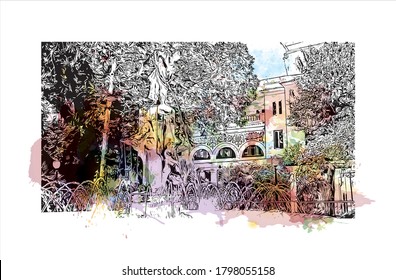 Building view with landmark of Alicante is a port city on Spain’s southeastern Costa Blanca, and the capital of the Alicante province. Watercolor splash with  hand drawn sketch illustration in vector.