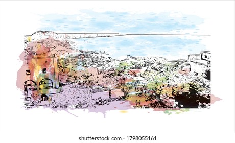 Building view with landmark of Alicante is a port city on Spain’s southeastern Costa Blanca, and the capital of the Alicante province. Watercolor splash with  hand drawn sketch illustration in vector.