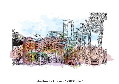 Building view with landmark of Alicante is a port city on Spain’s southeastern Costa Blanca, and the capital of the Alicante province. Watercolor splash with  hand drawn sketch illustration in vector.