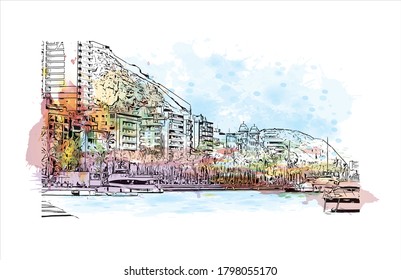 Building view with landmark of Alicante is a port city on Spain’s southeastern Costa Blanca, and the capital of the Alicante province. Watercolor splash with  hand drawn sketch illustration in vector.