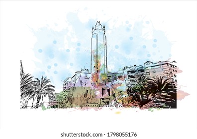 Building view with landmark of Alicante is a port city on Spain’s southeastern Costa Blanca, and the capital of the Alicante province. Watercolor splash with  hand drawn sketch illustration in vector.