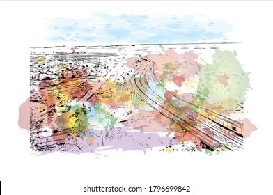 Building view with landmark of Allentown is a city in eastern Pennsylvania. Watercolor splash with hand drawn sketch illustration in vector.