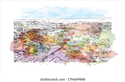 Building view with landmark of Allentown is a city in eastern Pennsylvania. Watercolor splash with hand drawn sketch illustration in vector.
