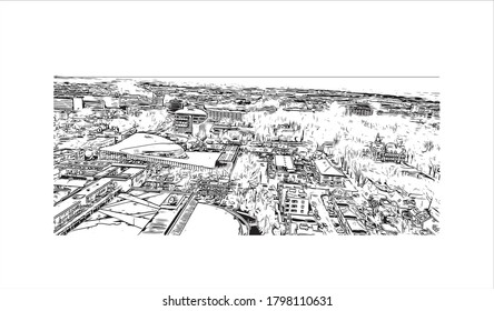 Building view with landmark of Alphen aan den Rijn is a city and municipality in the western Netherlands. Hand drawn sketch illustration in vector.