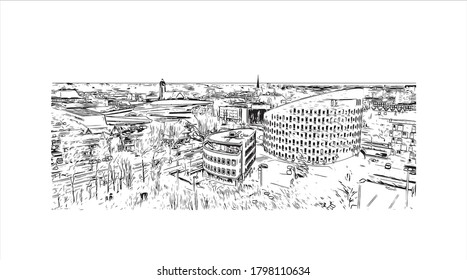 Building view with landmark of Alphen aan den Rijn is a city and municipality in the western Netherlands. Hand drawn sketch illustration in vector.