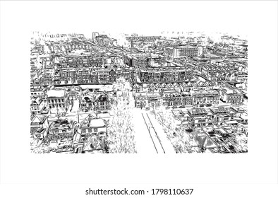 Building view with landmark of Alphen aan den Rijn is a city and municipality in the western Netherlands. Hand drawn sketch illustration in vector.