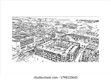 Building view with landmark of Alphen aan den Rijn is a city and municipality in the western Netherlands. Hand drawn sketch illustration in vector.