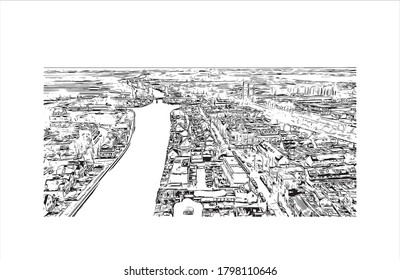 Building view with landmark of Alphen aan den Rijn is a city and municipality in the western Netherlands. Hand drawn sketch illustration in vector.