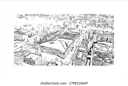 Building view with landmark of Alphen aan den Rijn is a city and municipality in the western Netherlands. Hand drawn sketch illustration in vector.