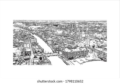 Building view with landmark of Alphen aan den Rijn is a city and municipality in the western Netherlands. Hand drawn sketch illustration in vector.