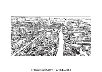 Building view with landmark of Alphen aan den Rijn is a city and municipality in the western Netherlands. Hand drawn sketch illustration in vector.