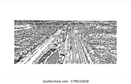 Building view with landmark of Alphen aan den Rijn is a city and municipality in the western Netherlands. Hand drawn sketch illustration in vector.