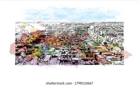 Building view with landmark of Alphen aan den Rijn is a city and municipality in the western Netherlands. Watercolor splash with hand drawn sketch illustration in vector.