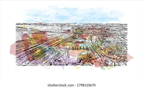 Building view with landmark of Alphen aan den Rijn is a city and municipality in the western Netherlands. Watercolor splash with hand drawn sketch illustration in vector.