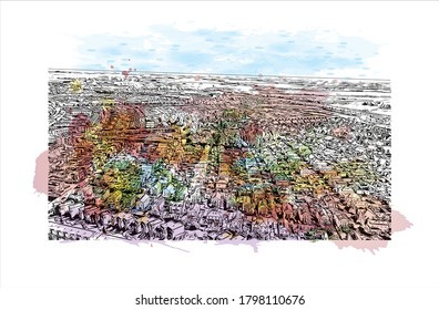 Building view with landmark of Alphen aan den Rijn is a city and municipality in the western Netherlands. Watercolor splash with hand drawn sketch illustration in vector.